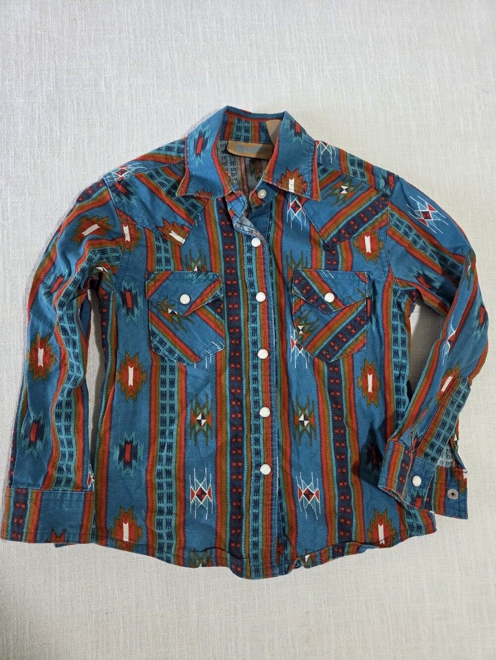 Kids Wrangler Teal Southwestern Print Button-Down Shirt Striped 4t XS